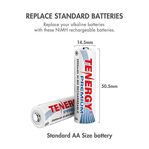 Tenergy Premium Rechargeable AA Batteries, High Capacity 2500mAh NiMH AA Battery, AA Cell Battery, 12-Pack