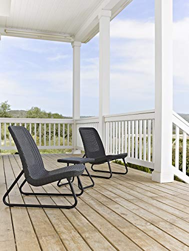 Keter Rio 3 Pc All Weather Outdoor Patio Garden Conversation Chair & Table Set Furniture, Grey