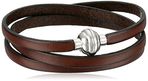 Brown Leather Wrap Stainless Steel Magnetic Clasp Bracelet, 22.5"