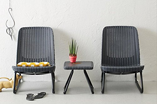 Keter Rio 3 Pc All Weather Outdoor Patio Garden Conversation Chair & Table Set Furniture, Grey