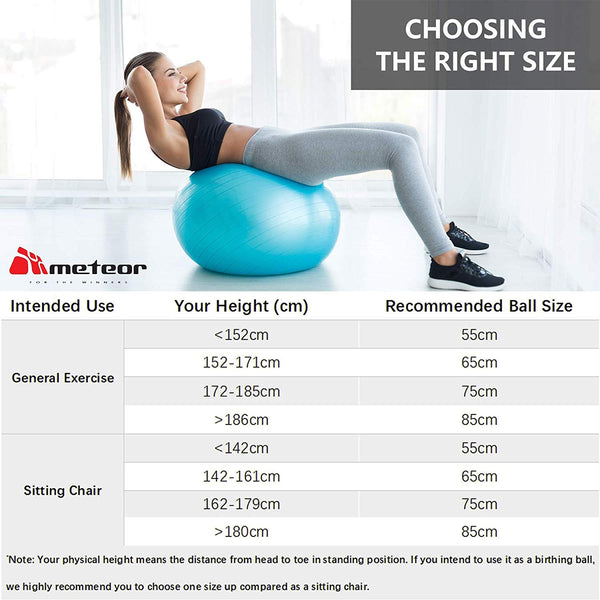 Meteor Anti-Burst Yoga Ball Swiss Ball with Air Pump for Exercise Pilates Balance Workout Fitness Pregnant Therapy Relaxation Stretching - Supports 250KG, 55cm 65cm 75cm 85cm